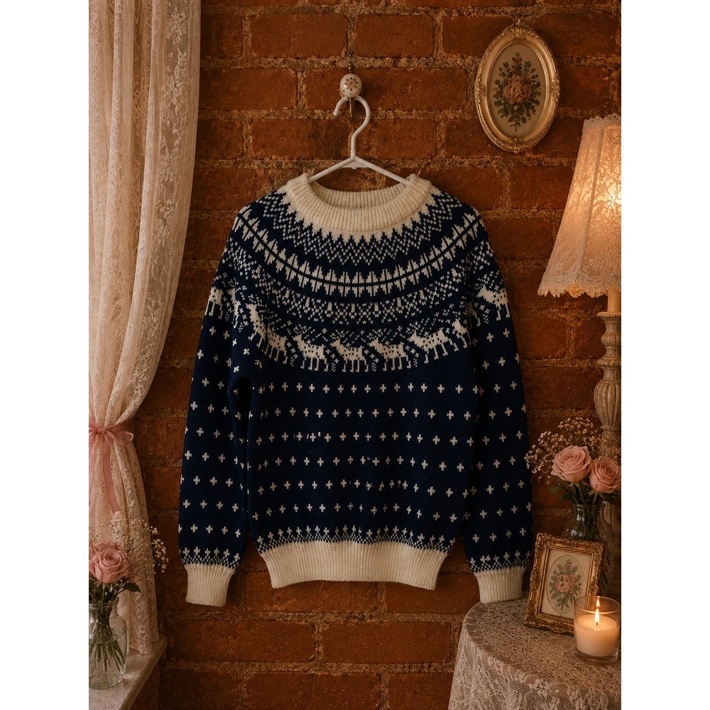 Vintage Navy Fair Isle Reindeer Knit‎ Sweater Cabin Nordic Mens Medium